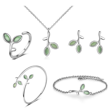 THAI SILVER Natural Aventurine 2 Leaf 5 pc Jewelry Set